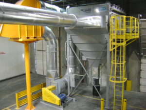large grey dust collector with yellow service ladder and high speed abort gate visible